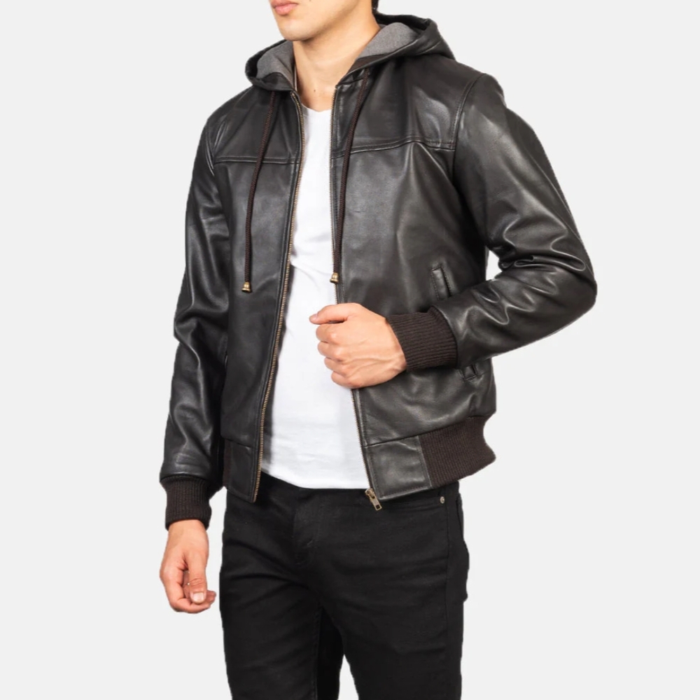 Men's Black Leather Jacket with Hood